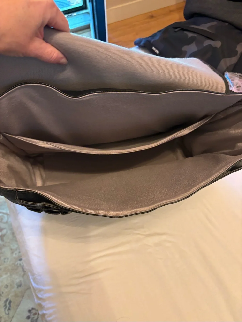 Black Leather Messenger Bag with Front Flap and Zip Pocket
